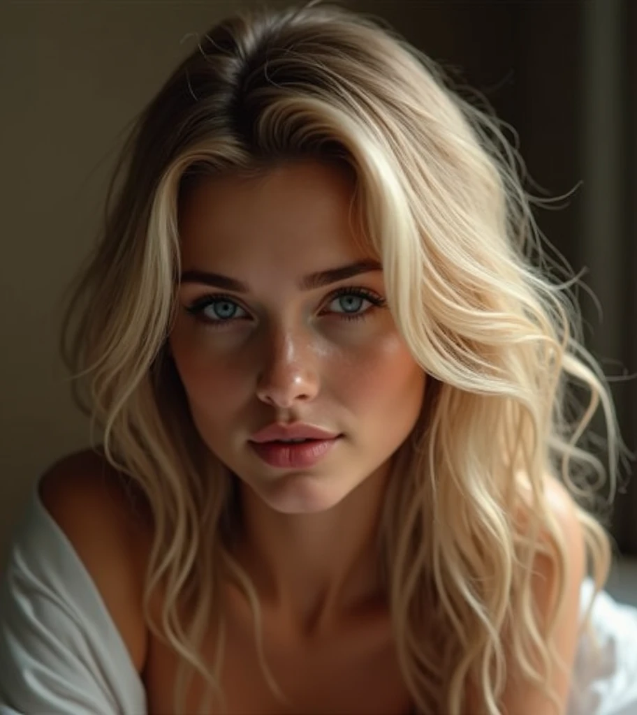 A beautiful blonde woman with blue eyes, totally naked, very perfect and delicious, without any clothes, and very realistic, lying on the bed with legs open
