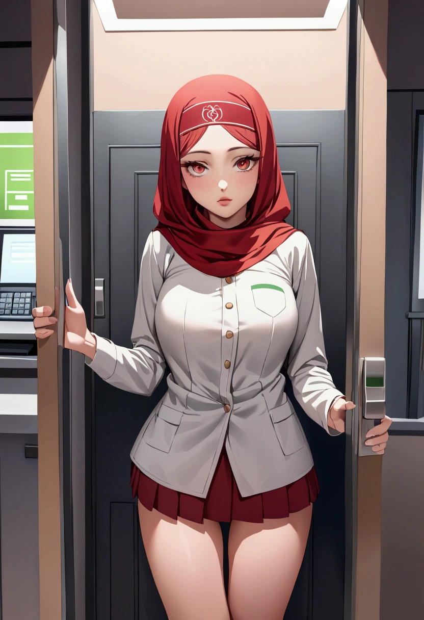 (((Red hijab))), full hijab, long hijab, close hijab,
BREAK,
(((bank CS officer in Hijab bank CS uniform))),
BREAK,
(short skirt, stand up),
(masterpiece), (highly quality, expressive eyes, perfect face and skin, detalied face, detalied eyes, detalied lips, detalied body, realistic photo),( inside the bank),