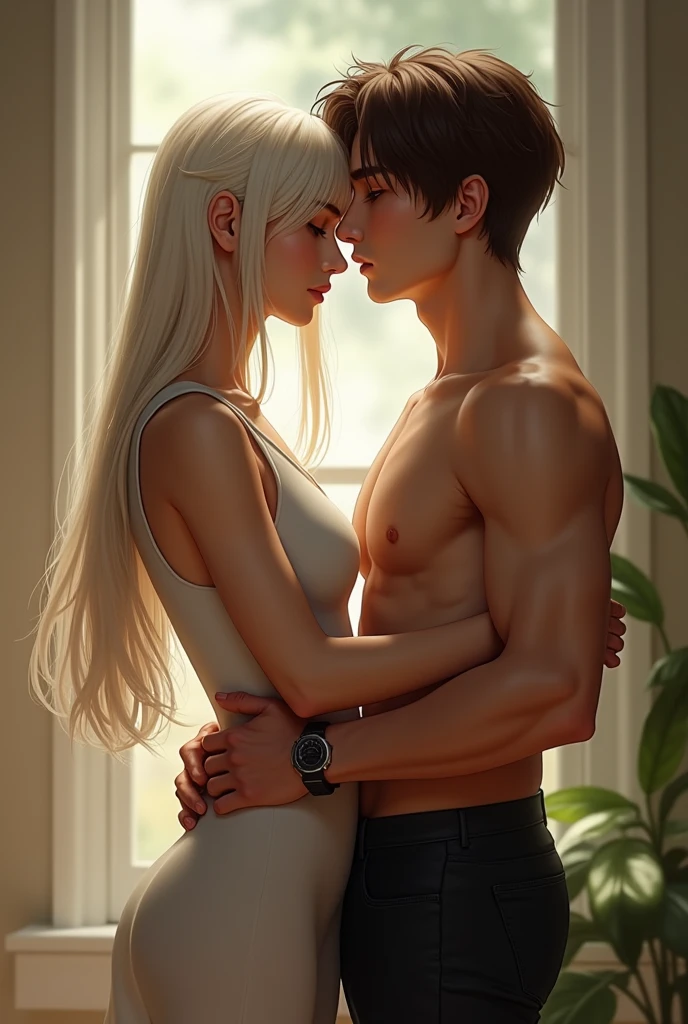 Two men are standing close to each other. One man has short platinum hair styled like Rapunzel and the other man has brown hair. The brown-haired man is holding the waist of the shorter man.
The image must be of two men, one of them is YOONGI and TAEHYUNG is the one with brown hair.
The man with platinum hair is skinny and curvy and the other one is very muscular..
YOONGI's hair is platinum and hip-length.. Realistic image of the two men.
Realism image