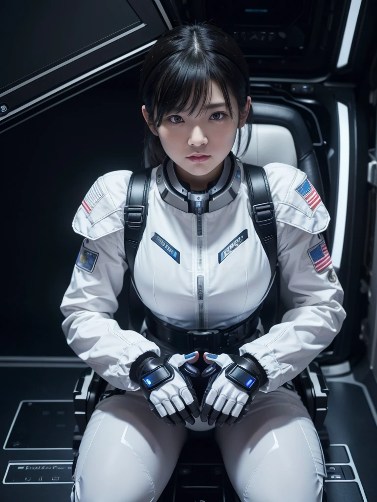 (Ultra-high resolution,Realistic,Highest quality,Photorealistic),(8k,RAW Photos,Highest quality,masterpiece),(Photon Mapping,Radio City,Physically Based Rendering,Auto White Balance),Japanese female android,Black Hair,The spaceship's cockpit,Large seat,Holding the control lever,Secured to the seat with a thick harness,Plump,Slightly thicker,Squat,White robot suit,There is a control panel on the chest.,Surrounded by machines,