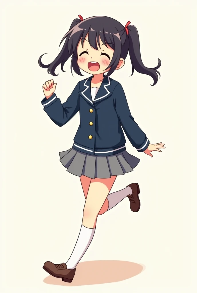 animated girl in school uniform, dark blue jacket, grey skirt and white stockings