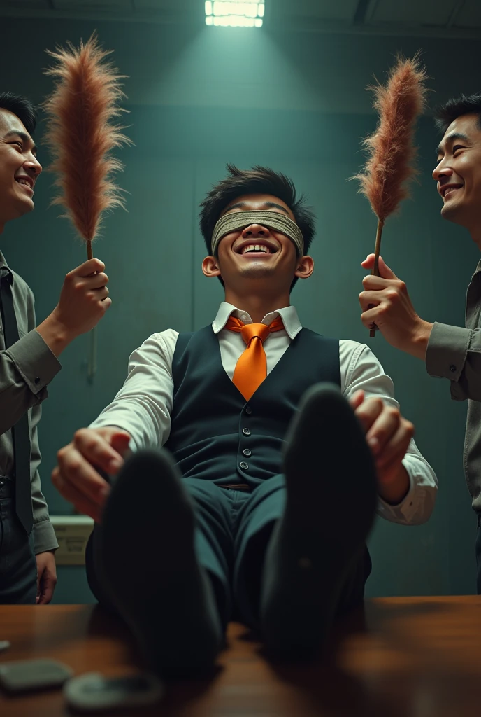 Malaysia malay handsome 20 years student
He laugh very hard
His hand tied up in warehouse
Blindfolded
Hand handcuff
Black vest orange tie
Focus feet on desk
feather duster tickle feet desk
shoes on desk
Black stinky sock
2 man holding feather duster
Feather duster touch feet