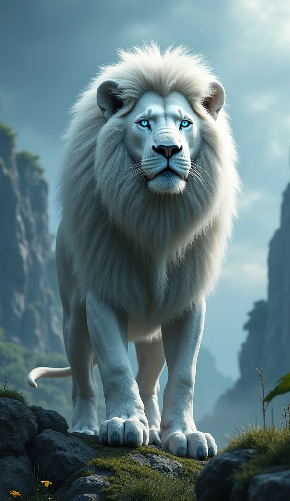 Generate ultra realistic 8k video of a strong and large blue-eyed white lion