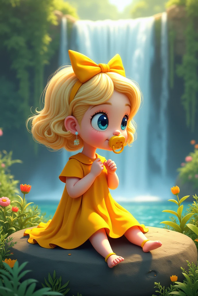 Little kid,with yellow flared dress and yellow gui with yellow pacifier, bow Chiquinha with wavy blonde hair and sitting on the edge of the waterfall with a pacifier in her mouth