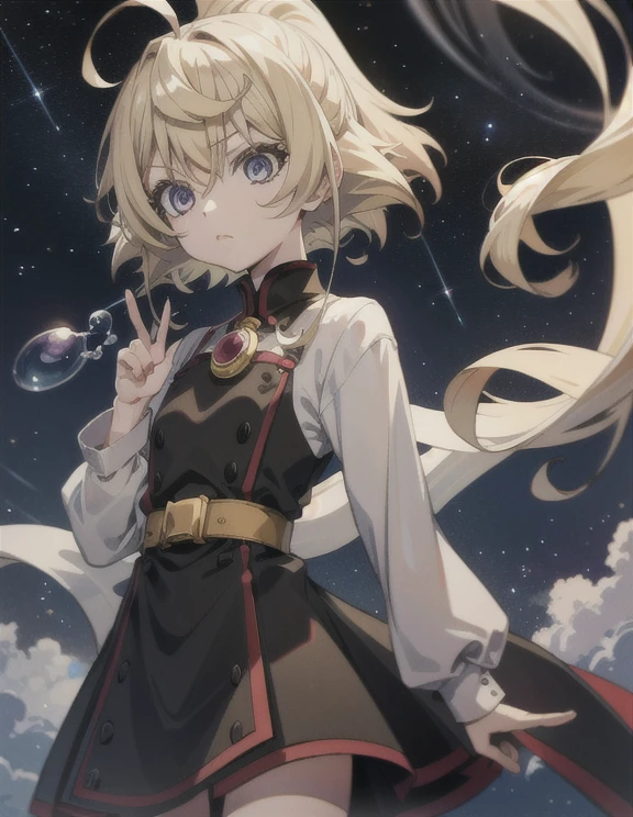 Anime style light blonde hair girl with purple eyes blowing bubbles under the starry sky