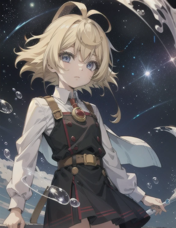 Anime style light blonde hair girl with purple eyes blowing bubbles under the starry sky