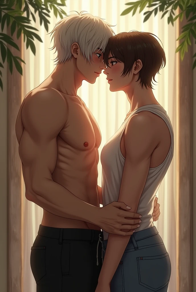 Two men are standing close to each other. One man has short platinum hair styled like Rapunzel and the other man has brown hair. The brown-haired man is holding the waist of the shorter man.
The image must be of two men, one of them is YOONGI and TAEHYUNG is the one with brown hair.
The man with platinum hair is skinny and curvy and the other one is very muscular..
YOONGI's hair is platinum and hip-length.. Realistic image of the two men.
Realism image