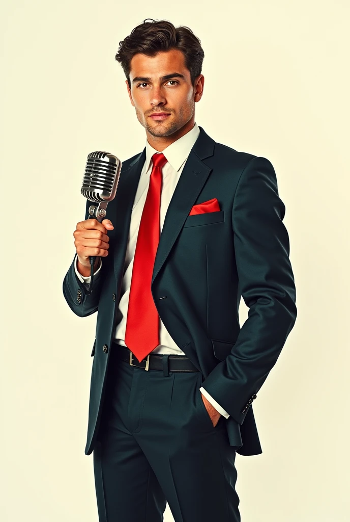 work of art, best photo, pop art culture style, pulp style , break, A 20 year old man, standing, wearing a suit like a secret agent, in retro style, Looking friendly to the viewer, your hand holding a vintage microphone , (plain white background), perfectbody, perfect hand, perfect finger , best angle, best view, shot on the body