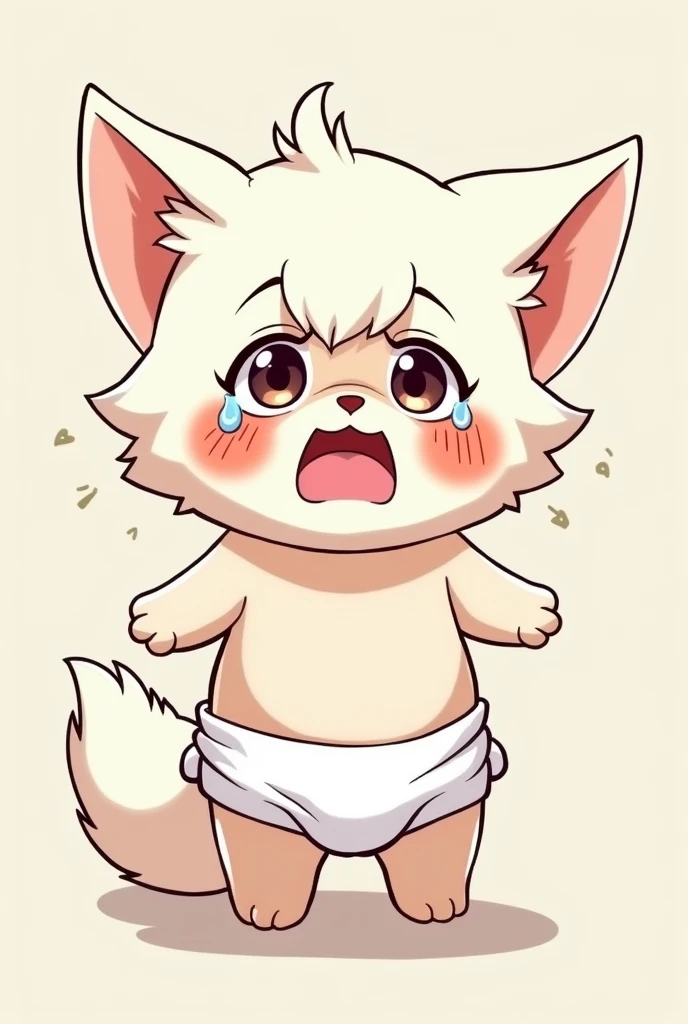 A baby furry character, emotionally distressed and shedding tears, because he is adorned in a diaper. The artwork should be in the characteristic style of a classic anime, with exaggerated and expressive features prevalent in this medium, keeping all depictions family-friendly. The furry character could potentially be a cute white fox animal type, staying true to the innocent and lively vibe of many anime characters.