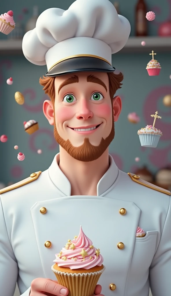 Create a Disney Pixar-inspired poster with the character being a dreamy pastry chef, A man with green eyes, light brown military hair and red beard, holding a cupcake  