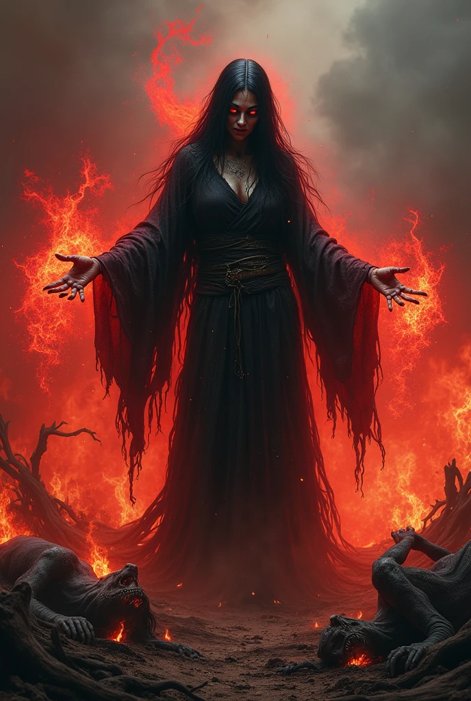  witch , ,burning village ,dark red  Magic devil book , flat chest , slim , very long pitch black hair , red eyes , veins, possessed by the Devil ,old witch robe, dead people,necromancer