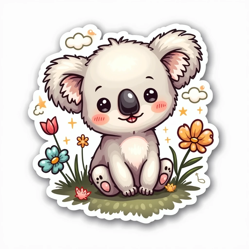 A kawaii koala sticker with hand-drawn lines and simple details, surrounded by doodles like clouds, flowers and stars, with a white border that frames the sticker in a fun way