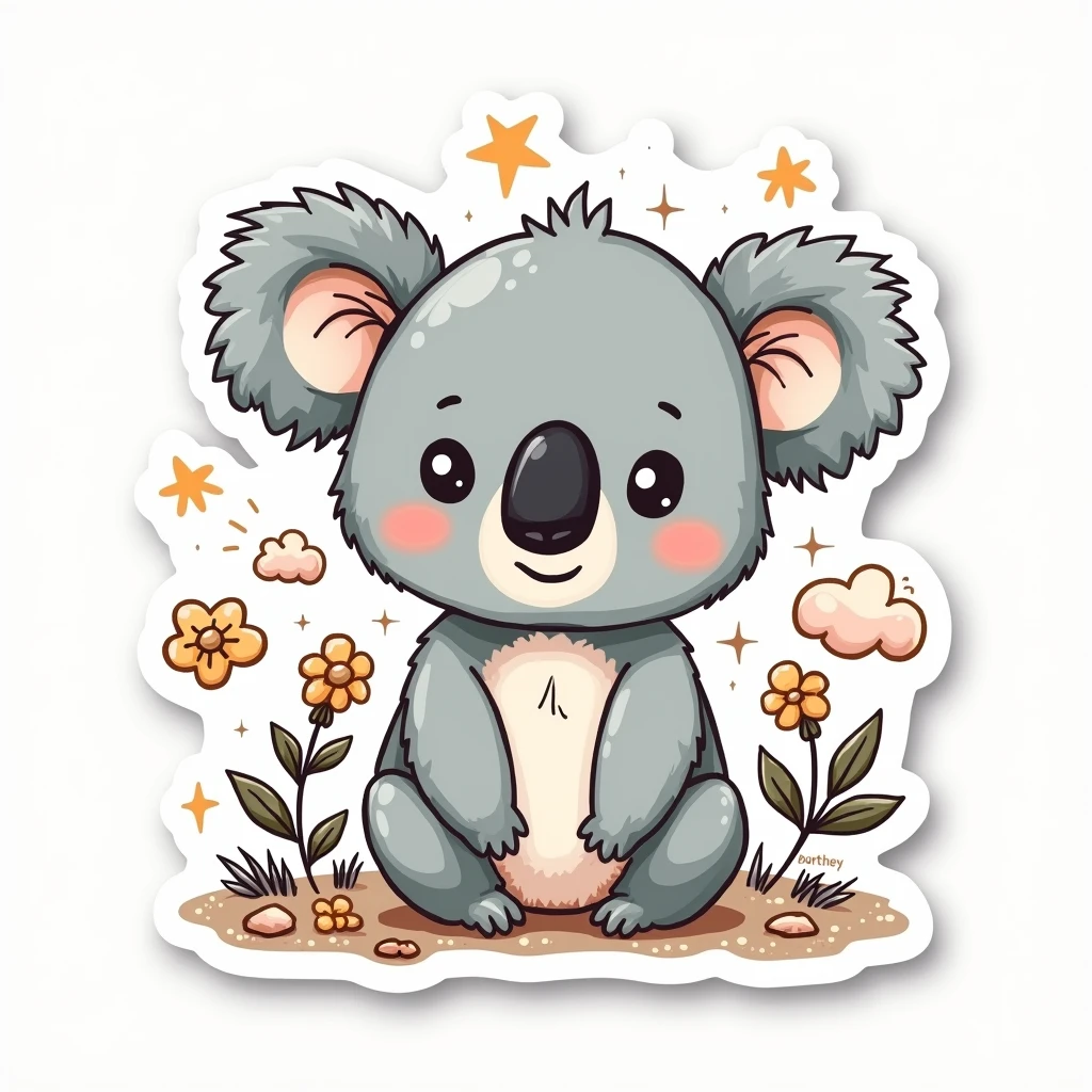 A kawaii koala sticker with hand-drawn lines and simple details, surrounded by doodles like clouds, flowers and stars, with a white border that frames the sticker in a fun way