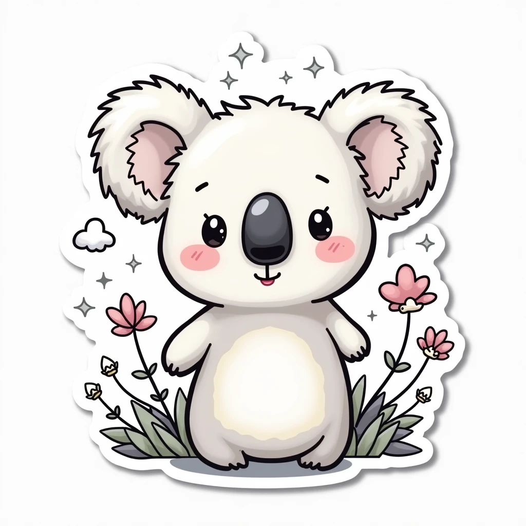 A kawaii koala sticker with hand-drawn lines and simple details, surrounded by doodles like clouds, flowers and stars, with a white border that frames the sticker in a fun way