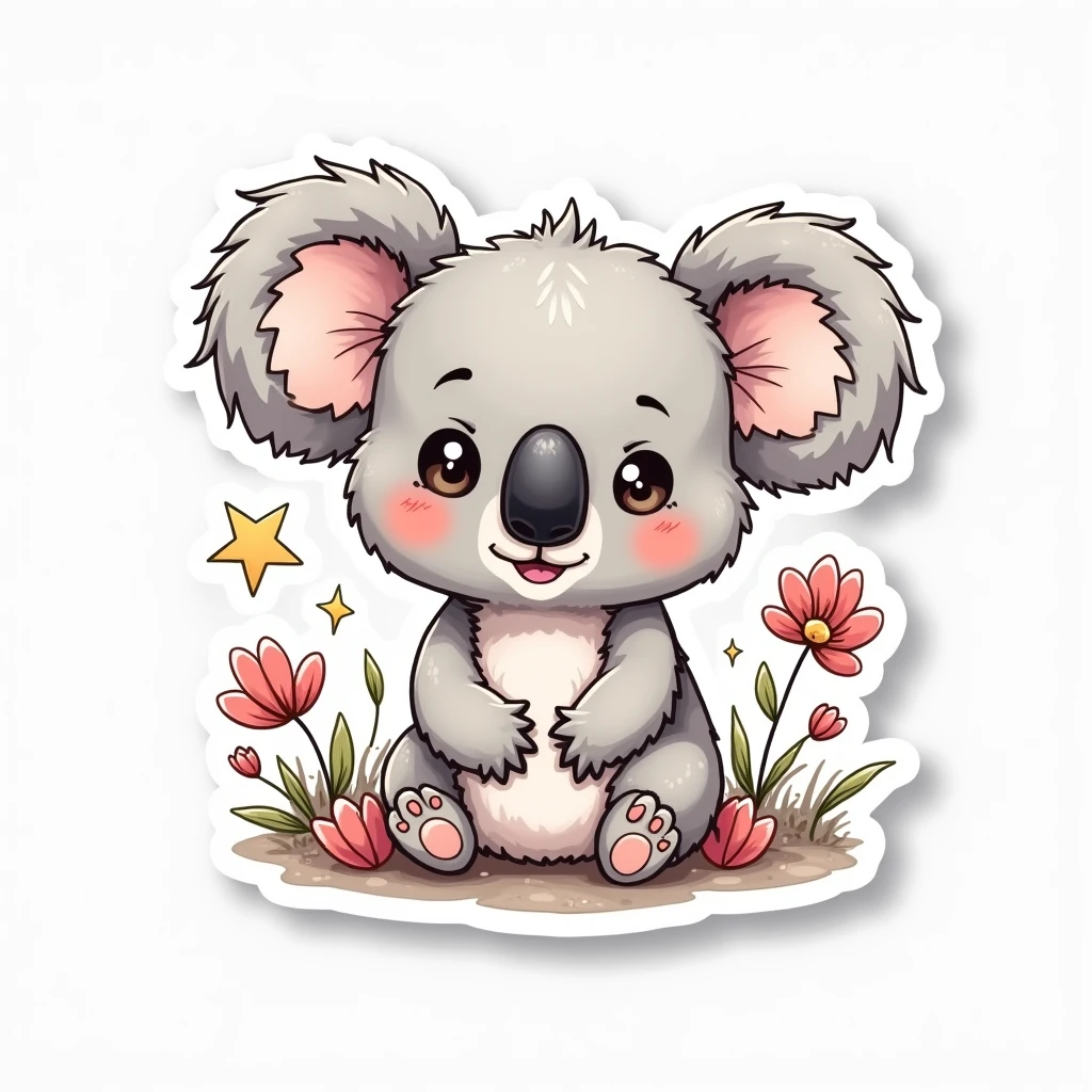 A kawaii koala sticker with hand-drawn lines and simple details, surrounded by doodles like clouds, flowers and stars, with a white border that frames the sticker in a fun way