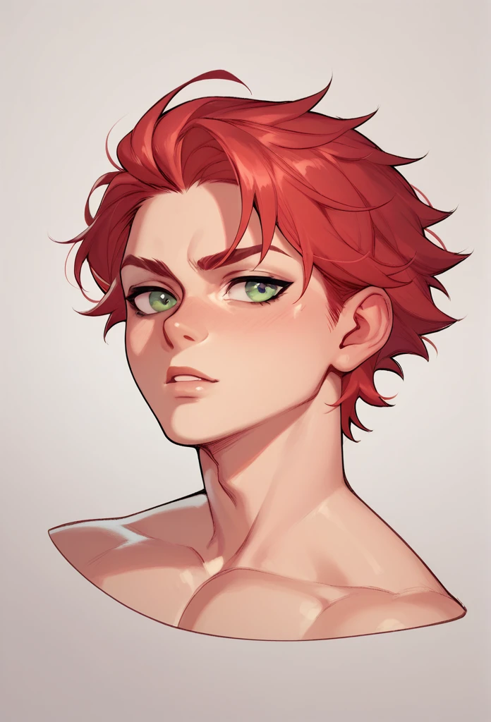 boy, Red-Haired, hairless, bright green eyes