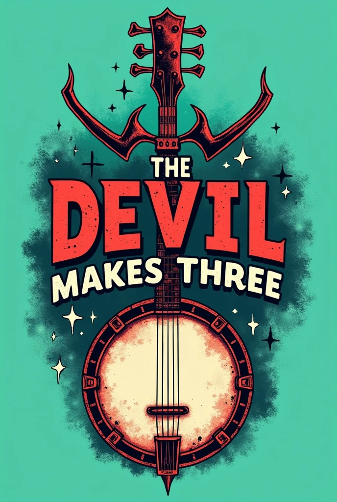 {
  "prompt": "Design a t-shirt logo for 'The Devil Makes Three' band. Create a central image with a vintage, rugged aesthetic featuring elements like a devil’s trident or horns, combined with a classic musical instrument such as a banjo or guitar. Use a distressed, hand-drawn style for the illustration. Include the band's name 'The Devil Makes Three' in bold, rustic font, integrated with the central image or placed prominently around it. Use a color palette of deep reds, dark grays, and browns. The design should have a transparent background, but display against a contrasting color background that does not match the main design, such as a bright turquoise or neon green.",
  "size": "1024x1024",
  "background_color": "turquoise"
}