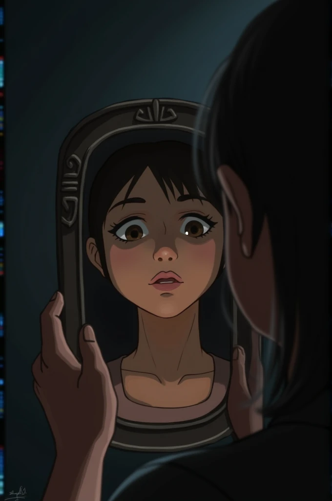 Clara places the mirror in front of her face, his expression changes to surprise. The camera focuses on the reflection.