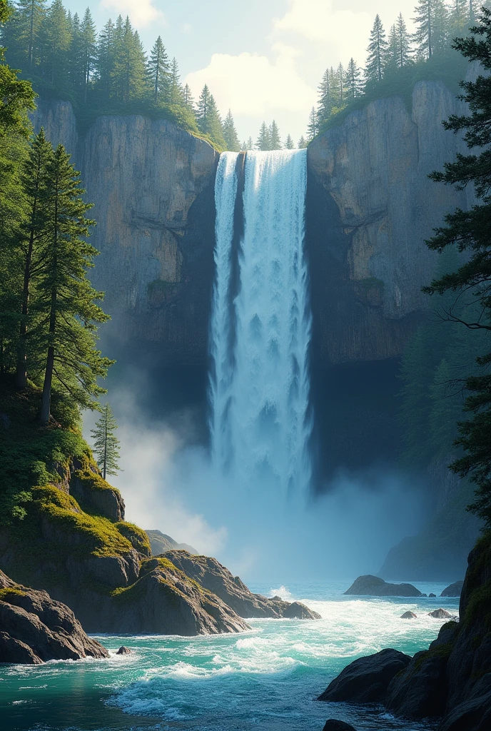 a waterfall that descends from the mountain lined with fir trees