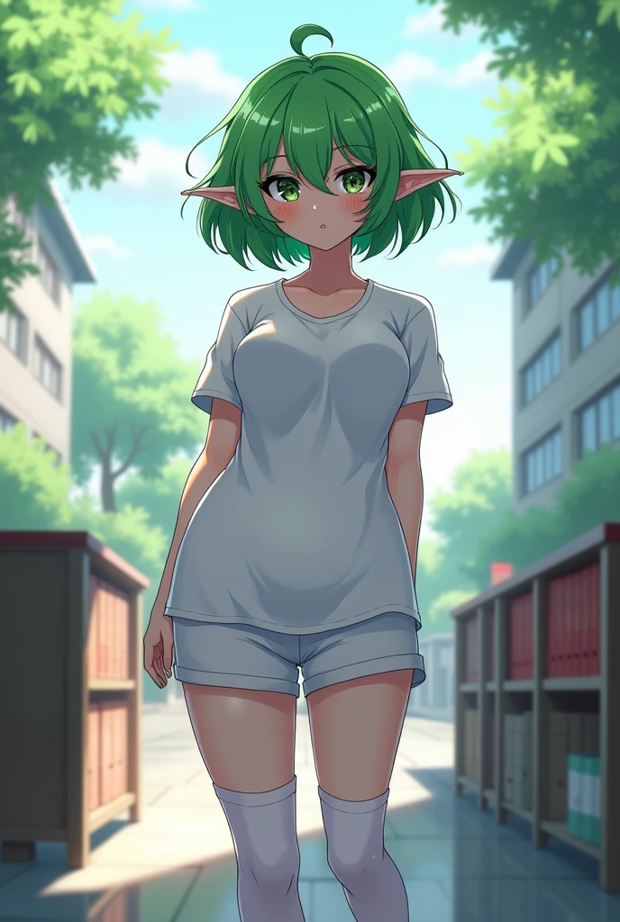 masterpiece, best quality, sylphiette, ahoge, elf, forehead, green hair, pointy ears, red eyes, short eyebrows, short hair, solo,
smile, standing, naked hooded jacket, short shorts, naked white jacket, flat chest, nipples, outdoor,