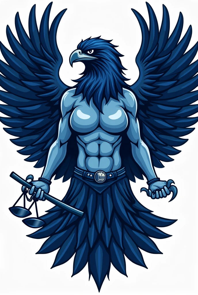 Team logo, emblem in blue tones of a Harpy the Brazilian imperial eagle, musclegirl, ready to attack holding characteristics that refer to the law course, college team logo 