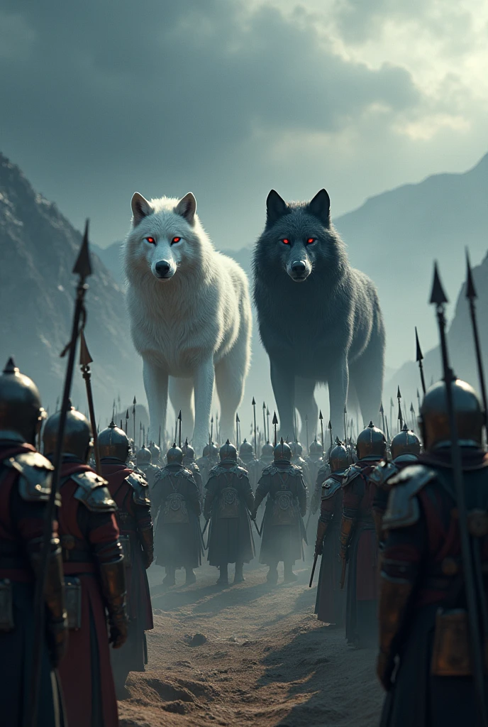 Army of big wolves and male soldiers the immaculate ancient soldiers.
In front of them two imposing werewolves, a white Alpha and a black Alpha with red eyes leading and guiding them War scene
