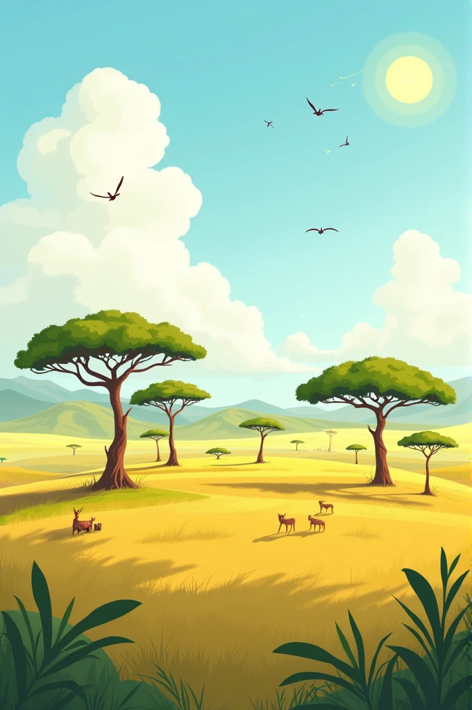Savannah landscape with acacia trees at daytime cartoon illustration
