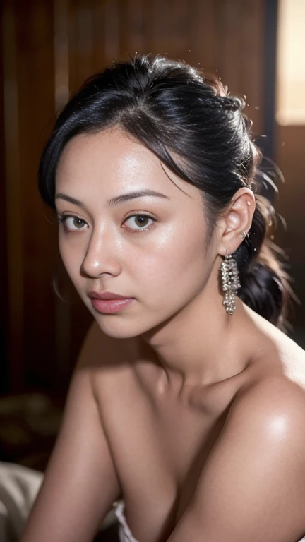 a beautiful asian girl with medium round breasts, small tits, wearing earrings, trendy hairstyles, highly detailed, intricate details, realistic, photorealistic, cinematic lighting, vibrant colors, glowing skin, masterpiece, 8k, ultra-detailed