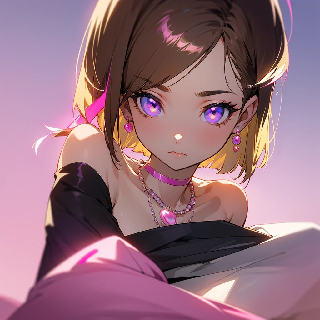 young woman of 20 years old. bob cut brown hair with a blond strand sticking out in front. eyes gradient pink and purple with eyeliner. discreet pink earrings and white necklace with pink pearl. she looks surprised. bare shoulders. See from the front of the girl. anime art