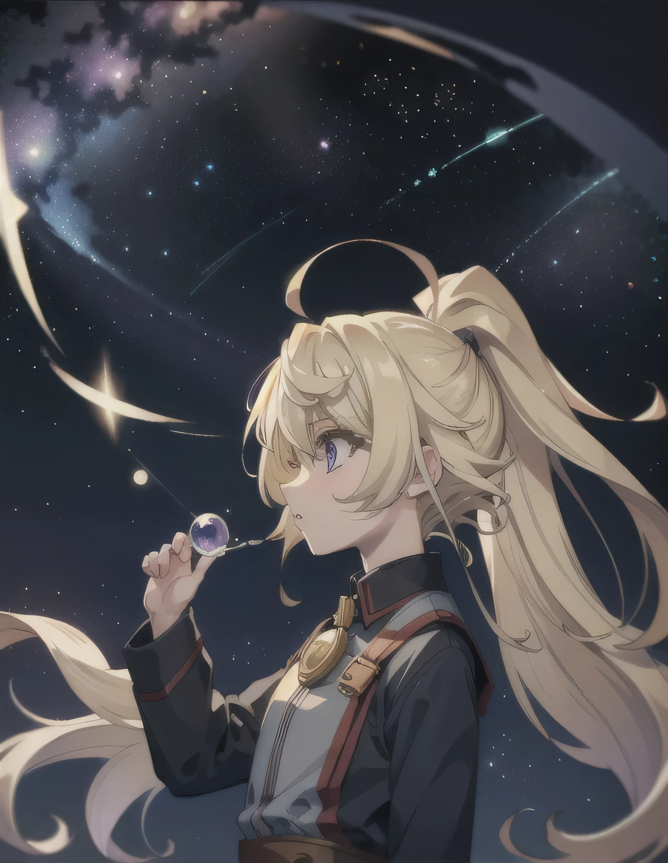 Anime style light blonde hair girl with purple eyes blowing bubbles under the starry sky