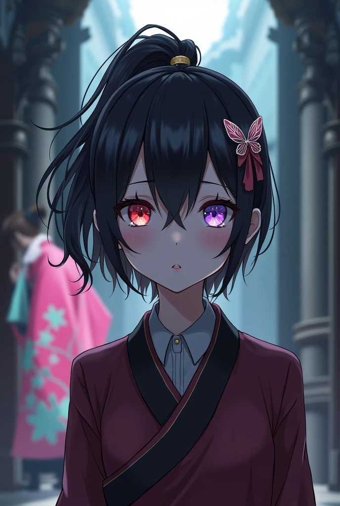 A dark redhead girl with a short ponytail and a butterfly brooch in her hair., in the background with the Paton house and a pink haoi with mint brede, the crimson right eye and the blue left eye, the Demon House uniform