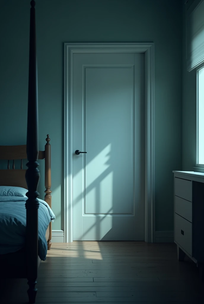 A bedroom door in a realistic scene with cool tones and a slightly scary white door on the bedroom wall