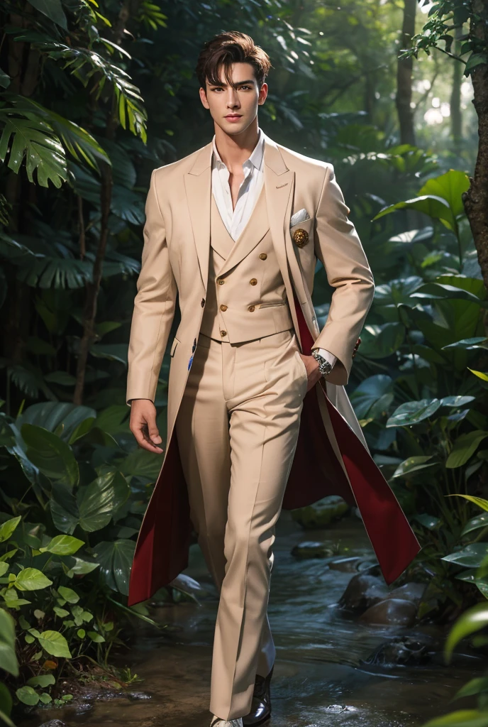 Superb Quality, Masterpiece, High Resolution, a tall handsome muscular young man, sexy gaze, Star Eyes, perfect body, (wearing fancy clothes), Jewelry, beautyful, gorgeous, wet, full body view, Tyndall Effect, Realistic, (Peach Blossom Forest), Light Edge, Two-tone Lighting, (High Detail Skin: 1.2), 8K UHD, DSLR, Soft Light, High Quality, Volume Lighting, Voyeur, Photo, High Resolution, 4K, 8K, Background Blur