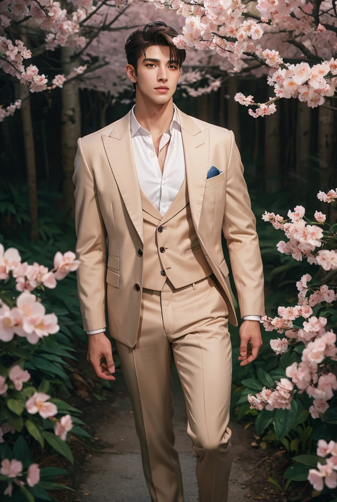 Superb Quality, Masterpiece, High Resolution, a tall handsome muscular young man, sexy gaze, Star Eyes, perfect body, (wearing fancy clothes), Jewelry, beautyful, gorgeous, wet, full body view, Tyndall Effect, Realistic, (Peach Blossom Forest), Light Edge, Two-tone Lighting, (High Detail Skin: 1.2), 8K UHD, DSLR, Soft Light, High Quality, Volume Lighting, Voyeur, Photo, High Resolution, 4K, 8K, Background Blur