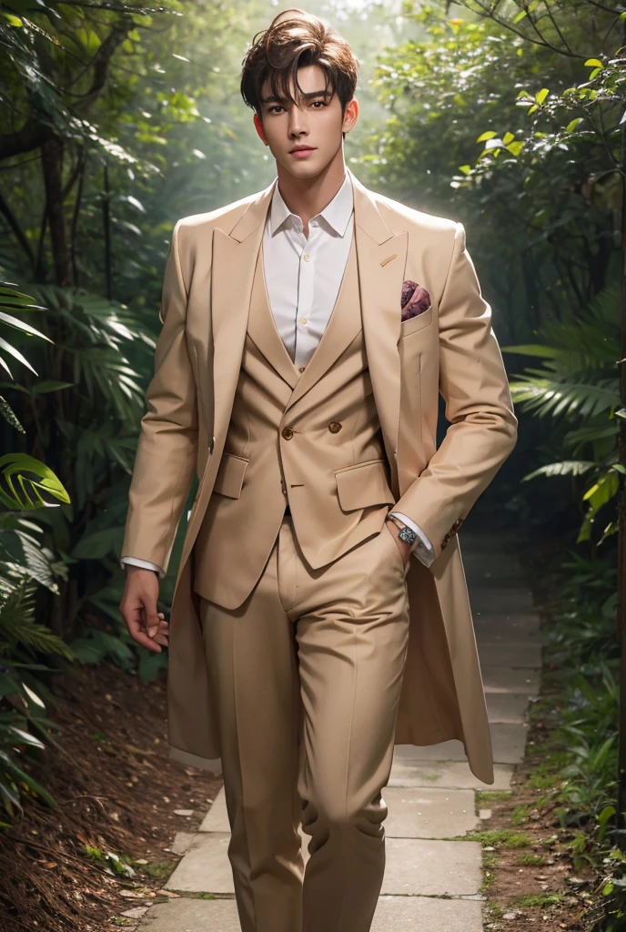 Superb Quality, Masterpiece, High Resolution, a tall handsome muscular young man, sexy gaze, Star Eyes, perfect body, (wearing fancy clothes), Jewelry, beautyful, gorgeous, wet, full body view, Tyndall Effect, Realistic, (Peach Blossom Forest), Light Edge, Two-tone Lighting, (High Detail Skin: 1.2), 8K UHD, DSLR, Soft Light, High Quality, Volume Lighting, Voyeur, Photo, High Resolution, 4K, 8K, Background Blur