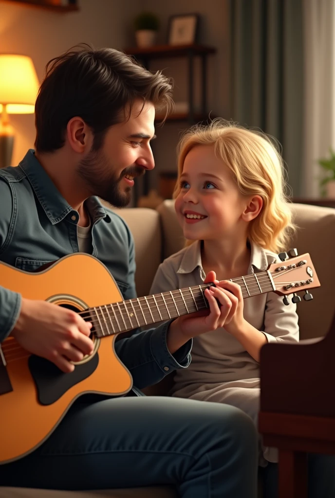 (Photorealism:1.1) a man dark brown hair and brown eye with his blonde daughter blue eyes  in the living room he playing a Gibson guitar and she piano and using 8k ultra realistic super detailed