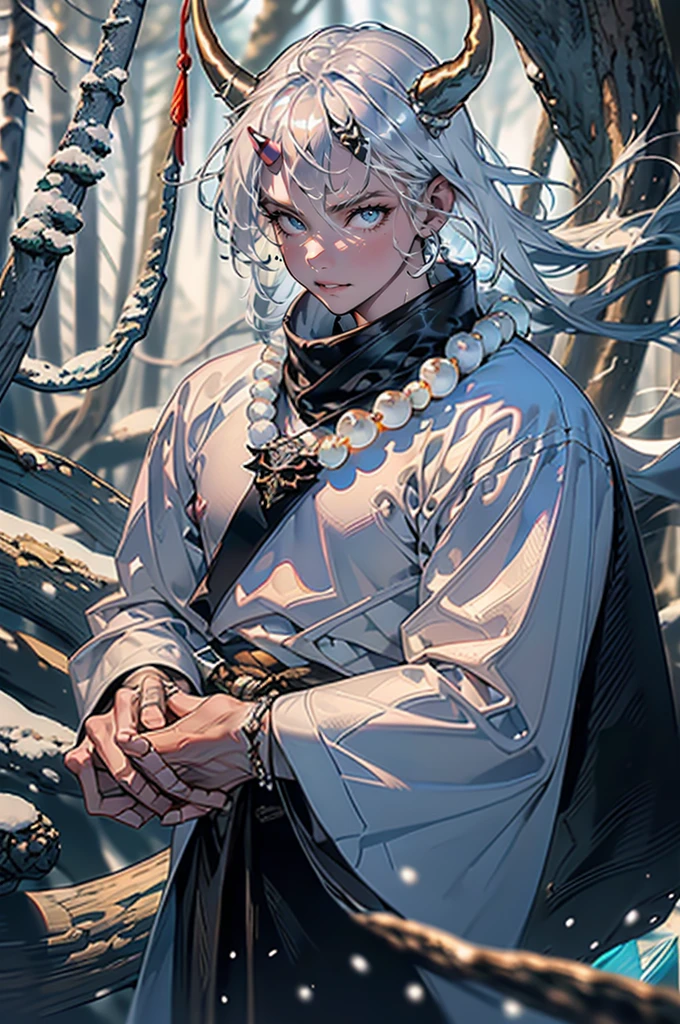 1male, mature, tan skin, tundra, cold, cool tones, surrounded by ice, ice cave, ice cavern, snow, finely detailed glowing blue eyes, ((detailed hands)), nice hands, medium messy hair, white hair color, prayer bead necklace, prayer bead bracelet, night, somber expression, ((detailed eyes)), ((horns)), red tattoos on chest, dark atmosphere, lanterns, snowy forest