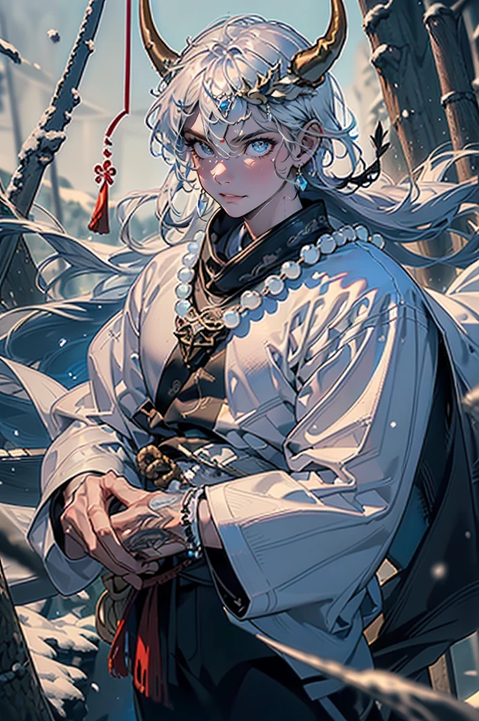 1male, mature, tan skin, tundra, cold, cool tones, surrounded by ice, ice cave, ice cavern, snow, finely detailed glowing blue eyes, ((detailed hands)), nice hands, medium messy hair, white hair color, prayer bead necklace, prayer bead bracelet, night, somber expression, ((detailed eyes)), ((horns)), red tattoos on chest, dark atmosphere, lanterns, snowy forest