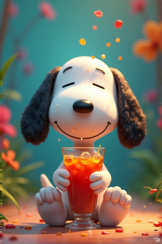 Snoopy drinking from a glass of animated juice