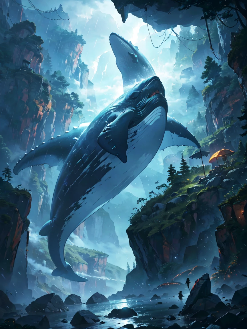 absurdres, A whale dancing among steep rocky mountains,Only the huge tail fin is visible, Very long body, Chinese peaky rock mountain, Heavy Rain, storm, Cloudy, darkness, storm, Vision, Mysterious Clouds, cliff,Thick Fog,Thick Fog, forest,  wood, Only the light of the lantern, Poor visibility, Whale, Monster, flying, simple, flat desinge, There is no one