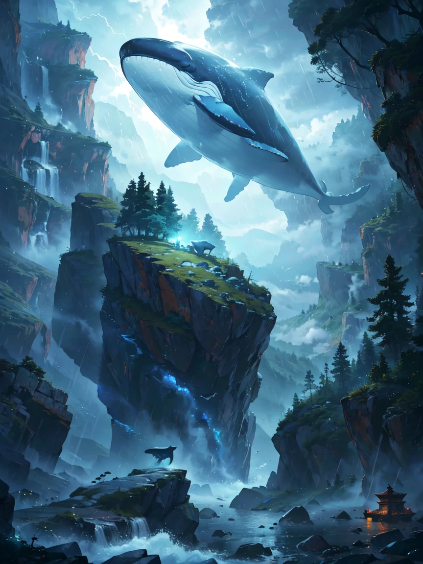 absurdres, A whale dancing among steep rocky mountains,Only the huge tail fin is visible, Very long body, Chinese peaky rock mountain, Heavy Rain, storm, Cloudy, darkness, storm, Vision, Mysterious Clouds, cliff,Thick Fog,Thick Fog, forest,  wood, Only the light of the lantern, Poor visibility, Whale, Monster, flying, simple, flat desinge, There is no one