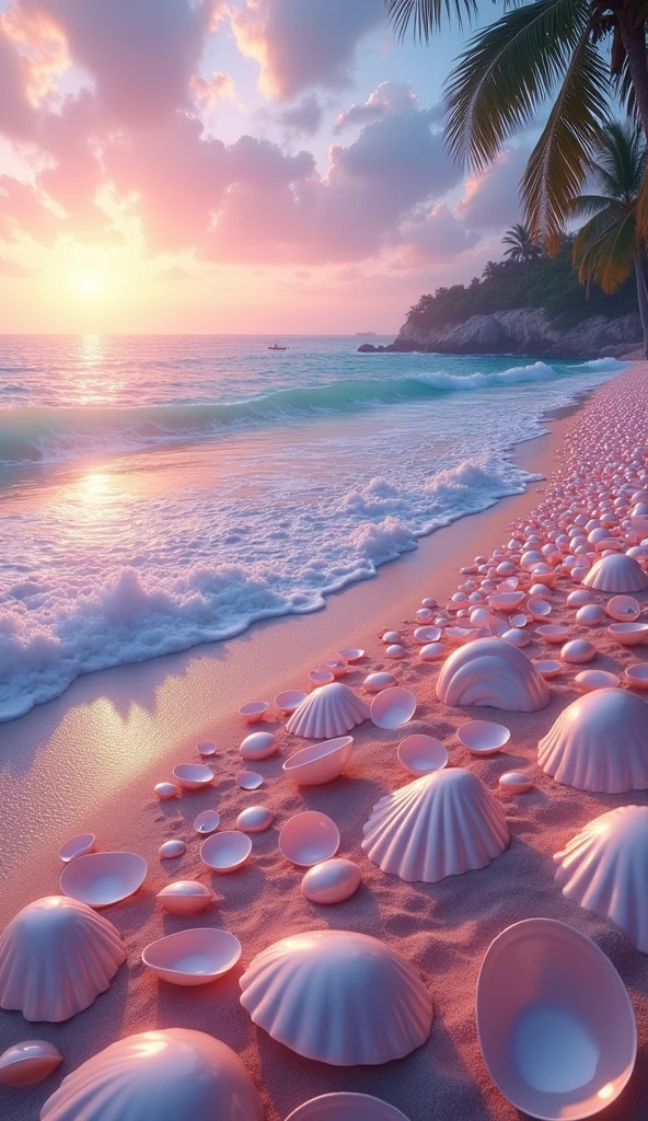 Capture a vibrant and serene beach scene at sunset, showcasing a stunning array of glossy, oversized seashells and pearls scattered along the sandy shore. The photo should feature a dreamy color palette of pinks, purples, and soft blues, with the setting sun casting a warm, golden glow across the ocean waves and the shells. The water should have gentle ripples, reflecting the pastel hues of the sky, while the shells and pearls glisten with a smooth, iridescent finish. Include a few palm trees in the background, with their silhouettes softly lit by the fading sunlight. The overall composition should evoke a sense of tranquility, beauty, and artistic elegance, perfect for enhancing the visual appeal of a website focused on serene and enchanting imagery