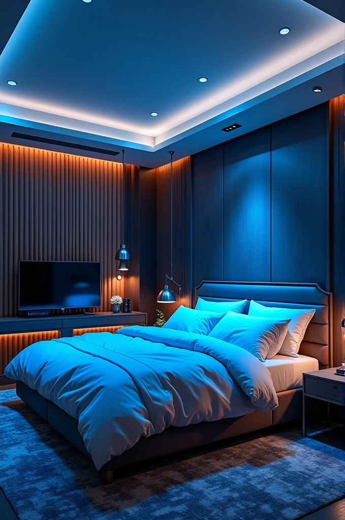 Could you generate an image of an Aesthetic room that is also cozy and has black and blue LED lights that has a large cozy bed with wide sheets and large pillows and a TV in front of the large bed and in the same room has a work study with a space on the work table?
