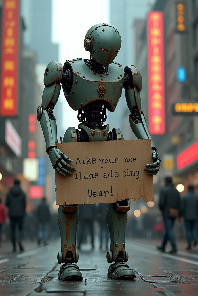 Make a robot beggar holding a cardboard sign saying please help me with 1 cent