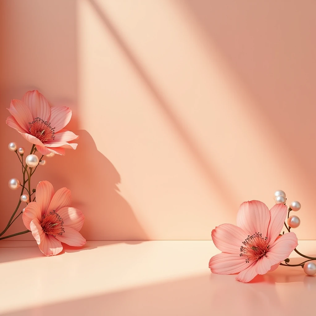 "Create a unique and elegant jewelry background with a soft peach-colored surface. Position delicate pink flowers in the  corner, with each flower subtly adorned with beads and pearls. The flowers should cast gentle shadows, adding depth and realism to the scene. The overall composition should feel balanced and luxurious, with soft lighting to enhance the details of the flowers and the subtle sheen of the beads, making the background perfect for a standout jewelry display."

