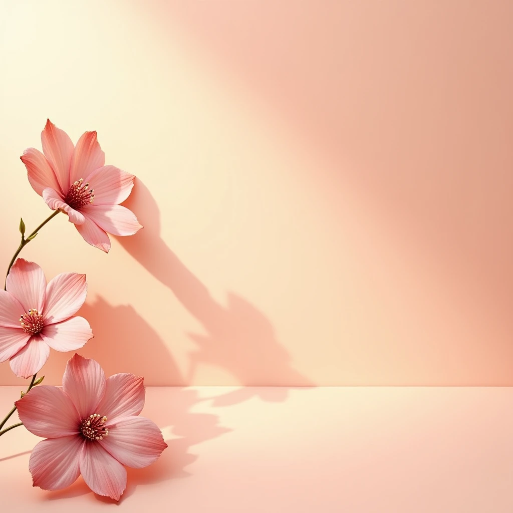 "Create a unique and elegant jewelry background with a soft peach-colored surface. Position delicate pink flowers in the corner, with each flower subtly adorned with beads and pearls. The flowers should cast gentle shadows, adding depth and realism to the scene. The overall composition should feel balanced and luxurious, with soft lighting to enhance the details of the flowers and the subtle sheen of the beads, making the background perfect for a standout jewelry display."