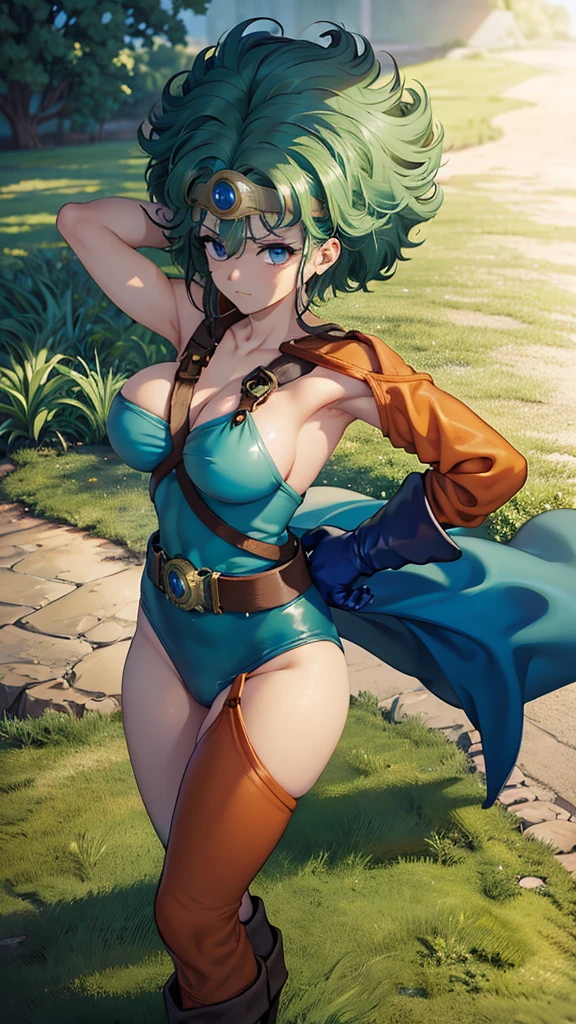 (((SFW、sound、Highest quality、Top notch work、Normal body、、Detailed face、Ultra-precision、normal hand、Refer、5refer、Highest)))、beautiful girl、Green Hair、yamato nadeshiko、Small breasts、Shortcuts、Blue leotard、muscular、Black paleo skirt、Red Cape、Circlet、Dragon Quest、Female Heroes、 Fight、Fight is ready、Sweep with a sword、Clasp your hands in front of you、Put your hands behind your back、Put your hands on your hips、Cover your chest with your hands、((Perfectly executed:Include your head to toes in the frame,Standing posture,Draw the details well、There is no anatomical problem))、forest