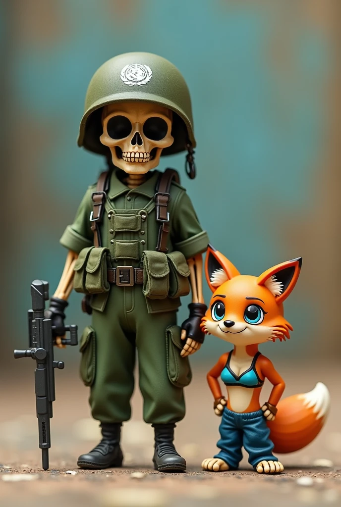 Mini figure of a Brazilian skeleton soldier accompanied by a furry fox wearing a bra and sweatpants with a UN helmet in an anime design.