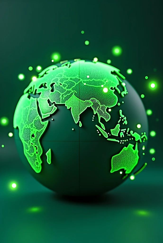 A bright green 3D globe, with hues varying slightly between land masses and oceans for a distinctive visual effect. The globe is covered by several luminous green dots marking different locations around the world., from large cities to global strategic points. The design is clean and modern, with subtle details on the continents and a soft texture. The green dots stand out clearly against the background of the globe., creating a striking visual effect.