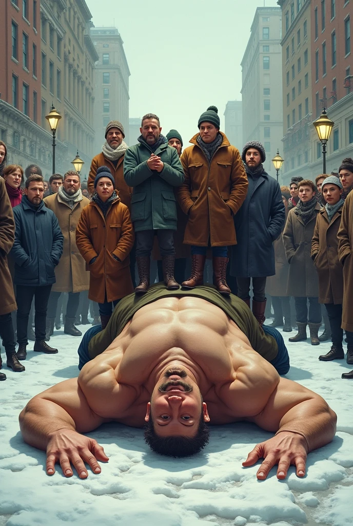 A crowd of people in winter boots stand on a fat strongman who is lying on the street